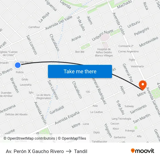 Av. Perón X Gaucho Rivero to Tandil map