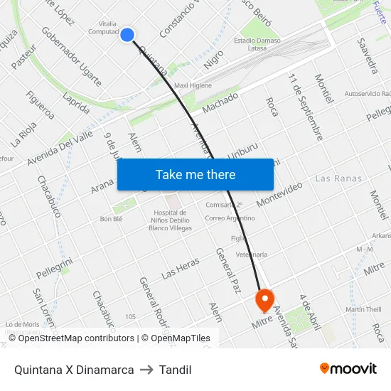 Quintana X Dinamarca to Tandil map