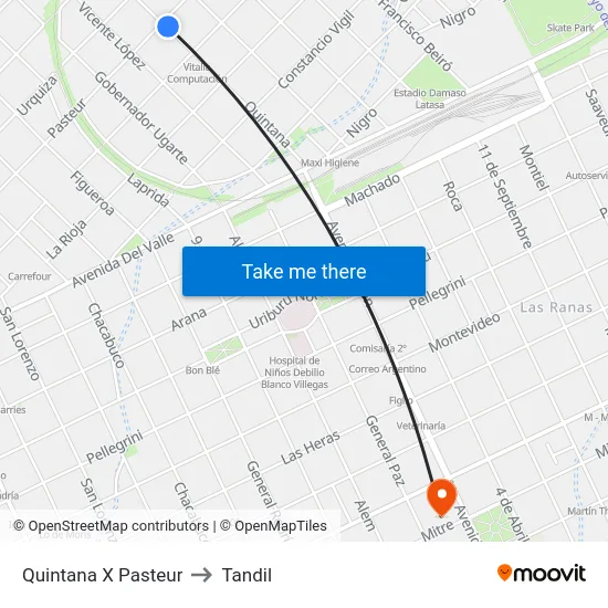 Quintana X Pasteur to Tandil map