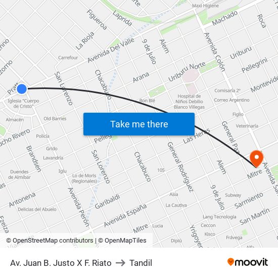 Av. Juan B. Justo X F. Riato to Tandil map