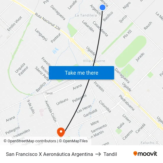 San Francisco X Aeronáutica Argentina to Tandil map