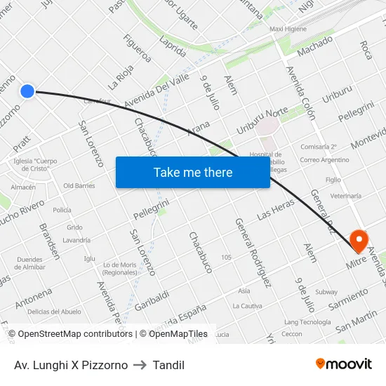 Av. Lunghi X Pizzorno to Tandil map
