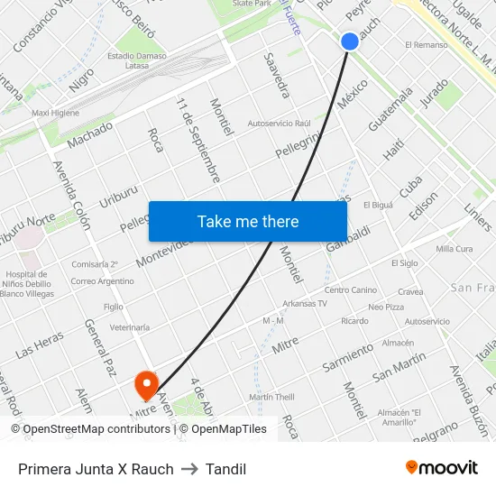 Primera Junta X Rauch to Tandil map