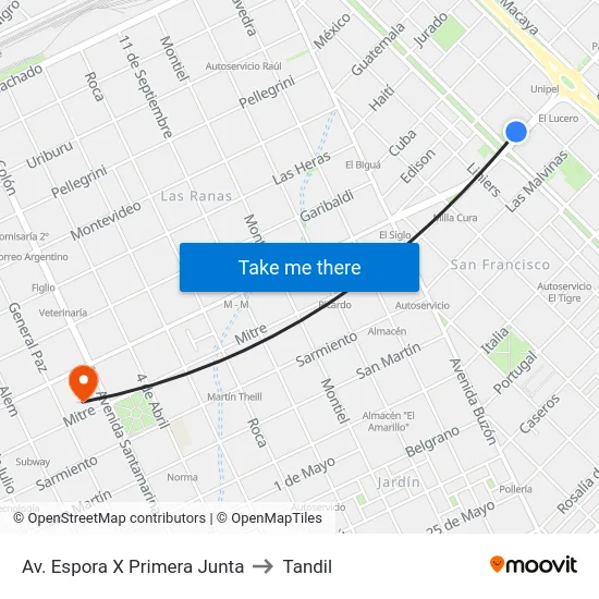 Av. Espora X Primera Junta to Tandil map