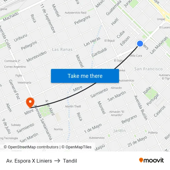 Av. Espora X Liniers to Tandil map