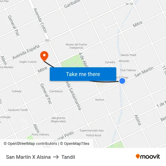 San Martín X Alsina to Tandil map