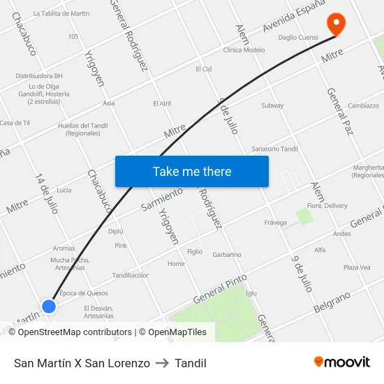San Martín X San Lorenzo to Tandil map