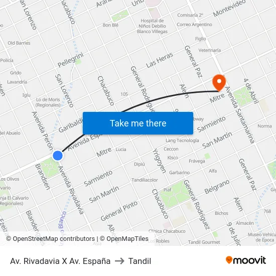 Av. Rivadavia X Av. España to Tandil map