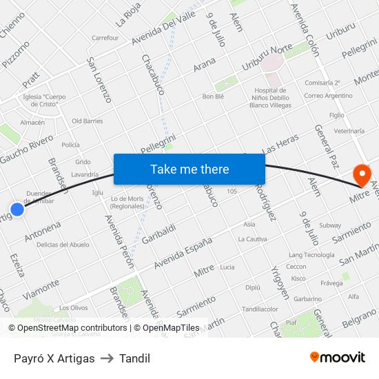 Payró X Artigas to Tandil map