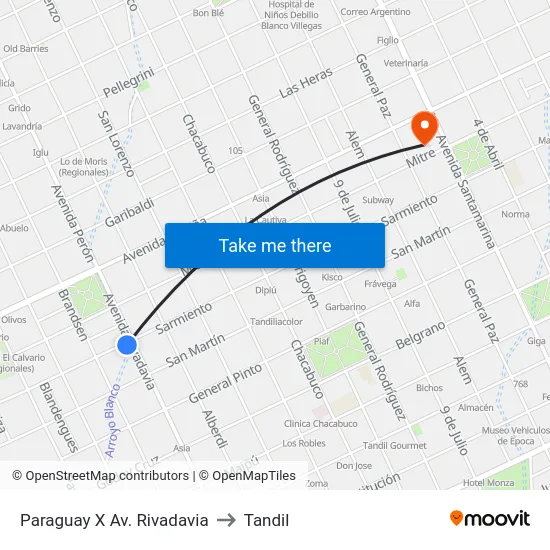 Paraguay X Av. Rivadavia to Tandil map