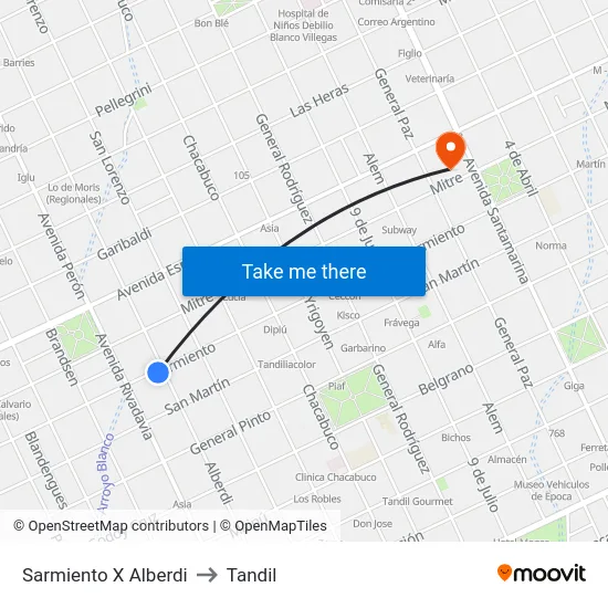 Sarmiento X Alberdi to Tandil map