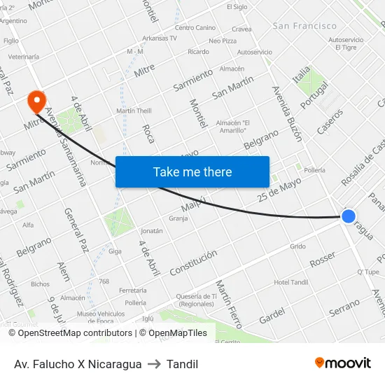 Av. Falucho X Nicaragua to Tandil map