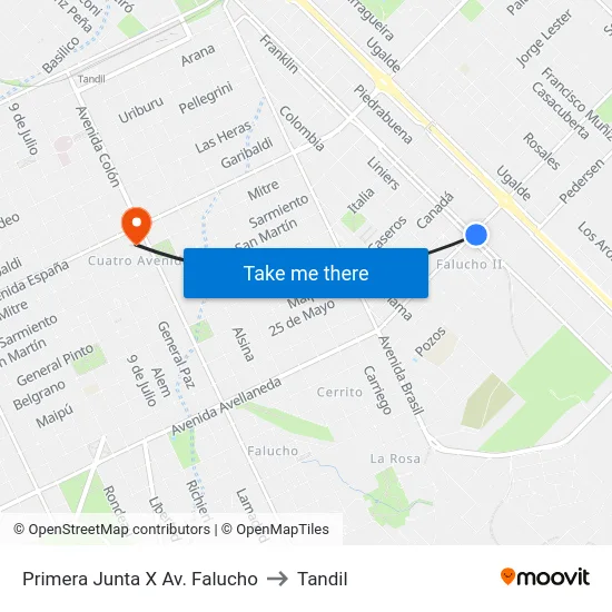 Primera Junta X Av. Falucho to Tandil map