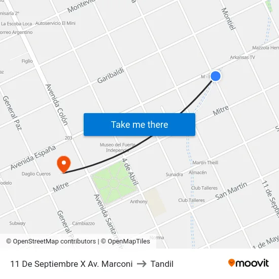 11 De Septiembre X Av. Marconi to Tandil map