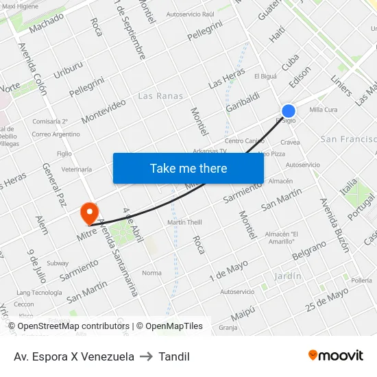 Av. Espora X Venezuela to Tandil map