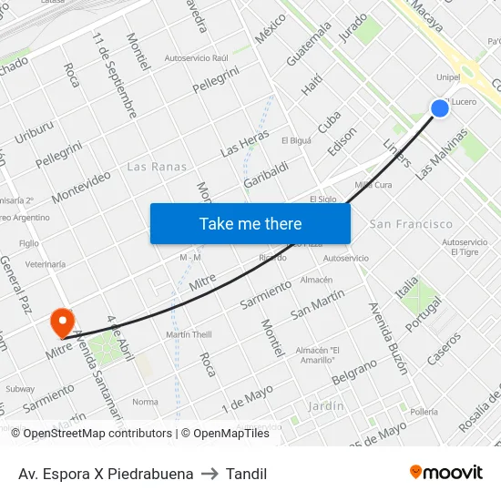 Av. Espora X Piedrabuena to Tandil map