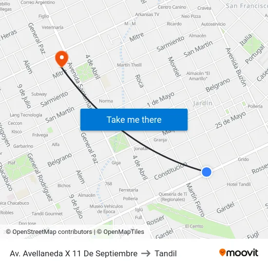 Av. Avellaneda X 11 De Septiembre to Tandil map
