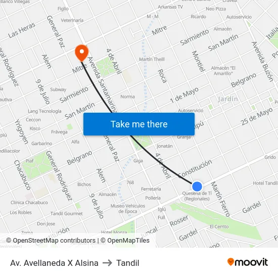 Av. Avellaneda X Alsina to Tandil map