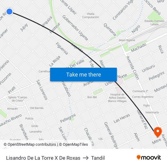Lisandro De La Torre X De Roxas to Tandil map