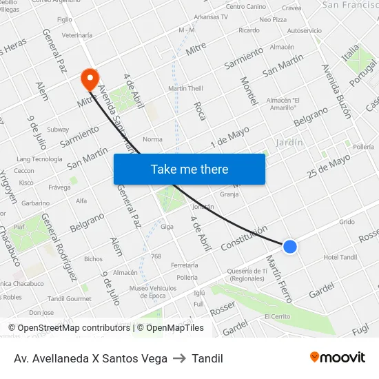 Av. Avellaneda X Santos Vega to Tandil map
