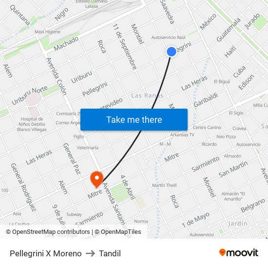 Pellegrini X Moreno to Tandil map