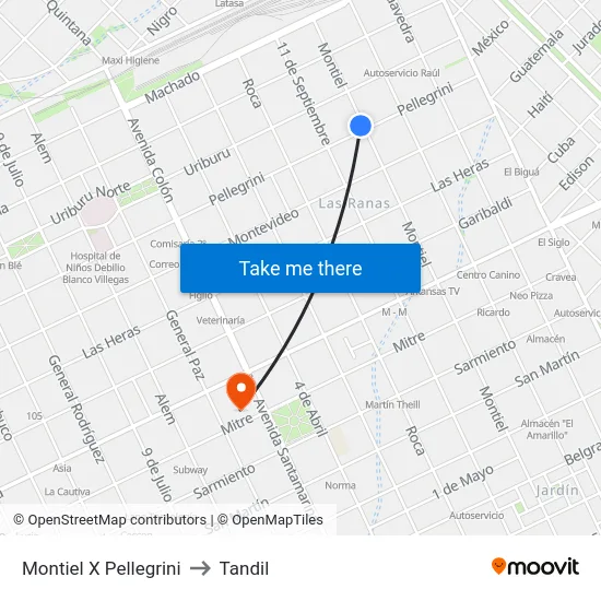 Montiel X Pellegrini to Tandil map