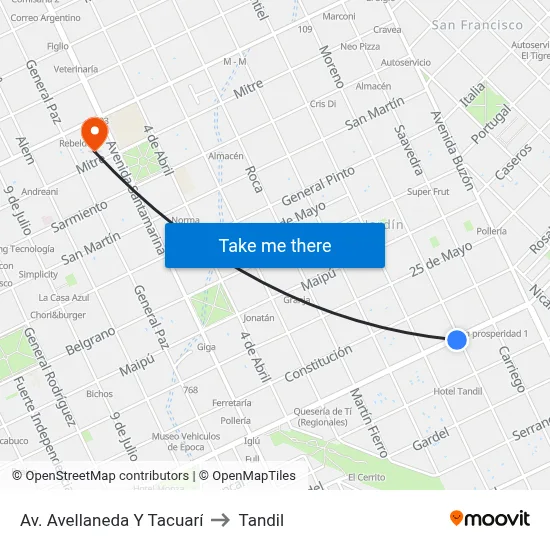 Av. Avellaneda Y Tacuarí to Tandil map