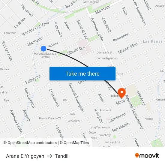 Arana E Yrigoyen to Tandil map