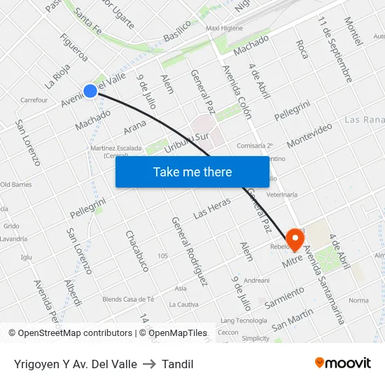 Yrigoyen Y Av. Del Valle to Tandil map