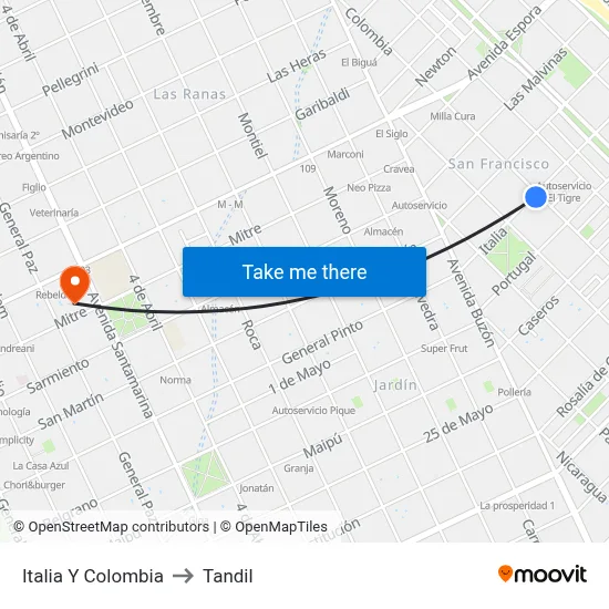Italia Y Colombia to Tandil map