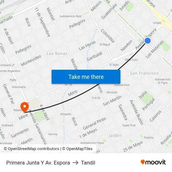 Primera Junta Y Av. Espora to Tandil map