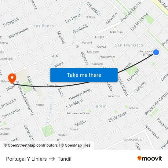 Portugal Y Liniers to Tandil map