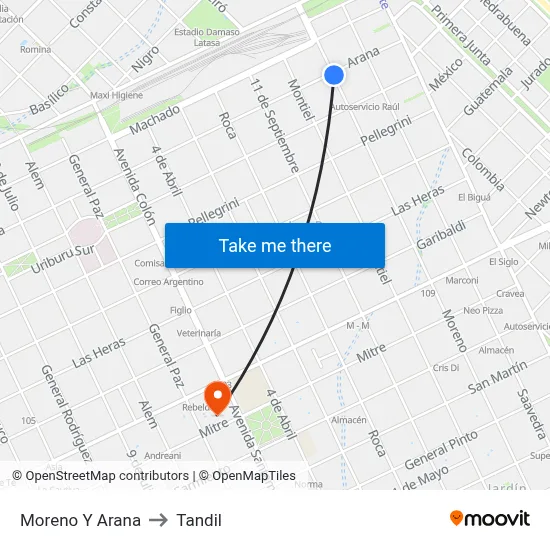 Moreno Y Arana to Tandil map