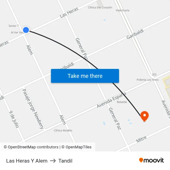 Las Heras Y  Alem to Tandil map