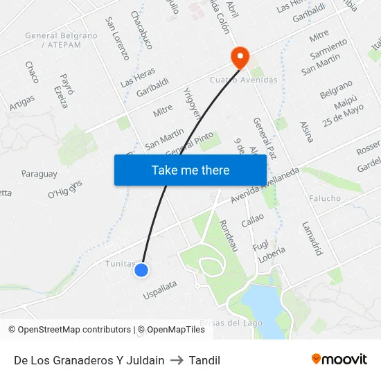 De Los Granaderos Y Juldain to Tandil map