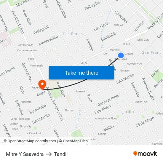 Mitre Y Saavedra to Tandil map
