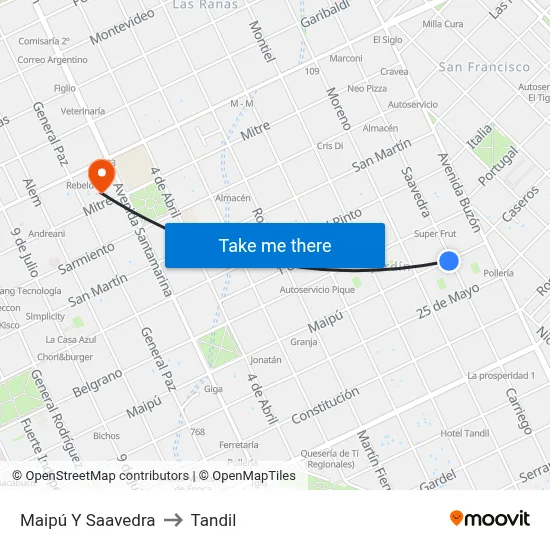 Maipú Y Saavedra to Tandil map