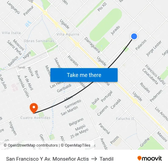 San Francisco Y Av. Monseñor Actis to Tandil map