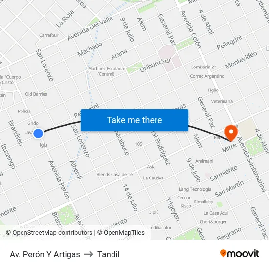 Av. Perón Y Artigas to Tandil map