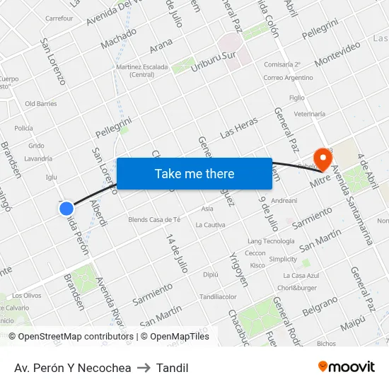 Av. Perón Y Necochea to Tandil map