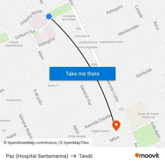 Paz (Hospital Santamarina) to Tandil map