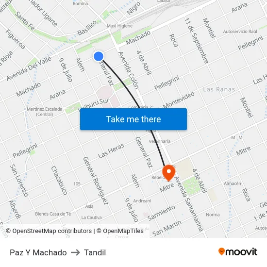 Paz Y Machado to Tandil map