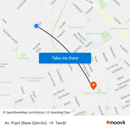Av. Pujol (Base Ejercito) to Tandil map