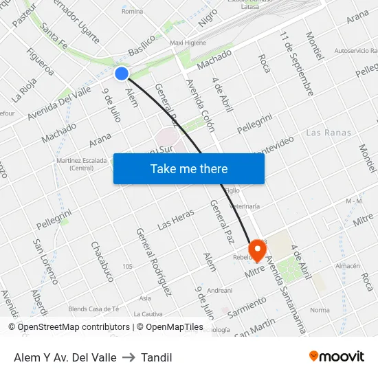 Alem Y Av. Del Valle to Tandil map