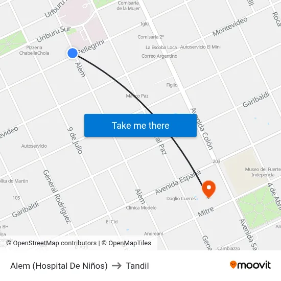 Alem (Hospital De Niños) to Tandil map