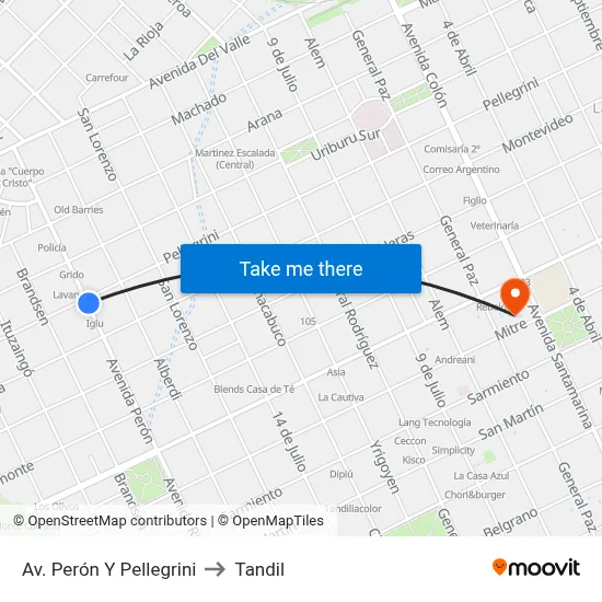 Av. Perón Y Pellegrini to Tandil map