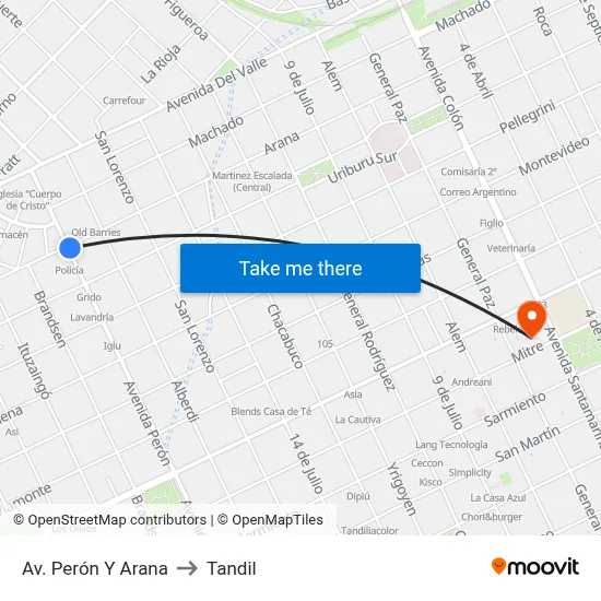Av. Perón Y Arana to Tandil map