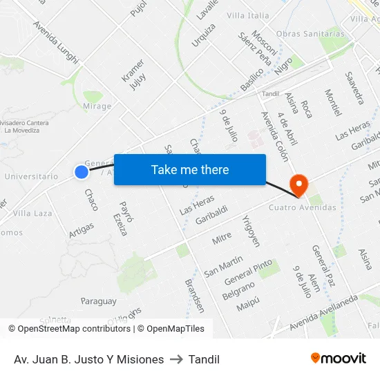 Av. Juan B. Justo Y Misiones to Tandil map