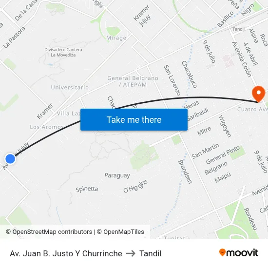 Av. Juan B. Justo Y Churrinche to Tandil map