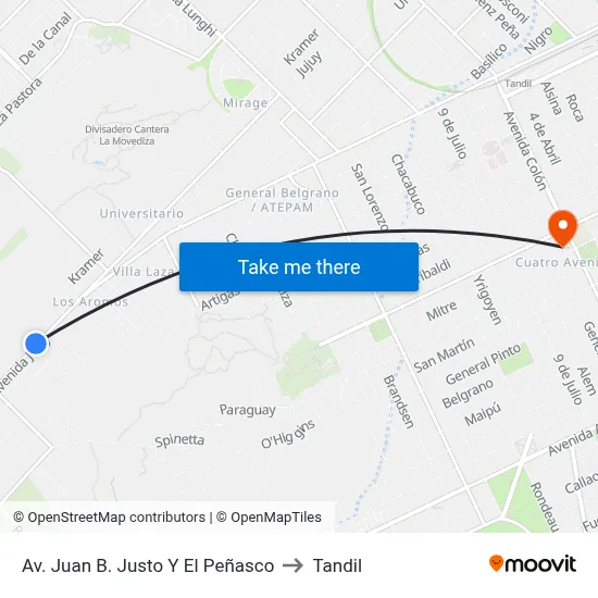 Av. Juan B. Justo Y El Peñasco to Tandil map